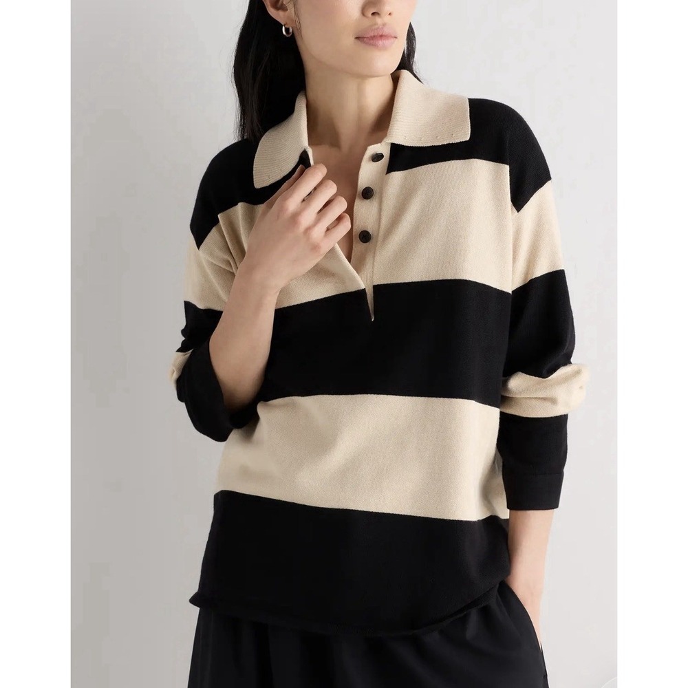 NWT Quince S Cotton Cashmere Rugby Polo Sweater Stripe Crop Preppy Old Money